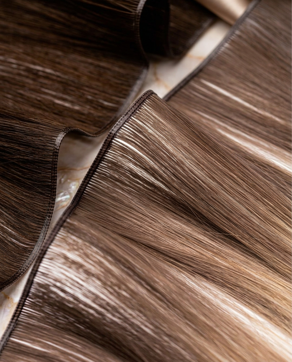 Close-up of dimensional brunette balayage genius weft hair