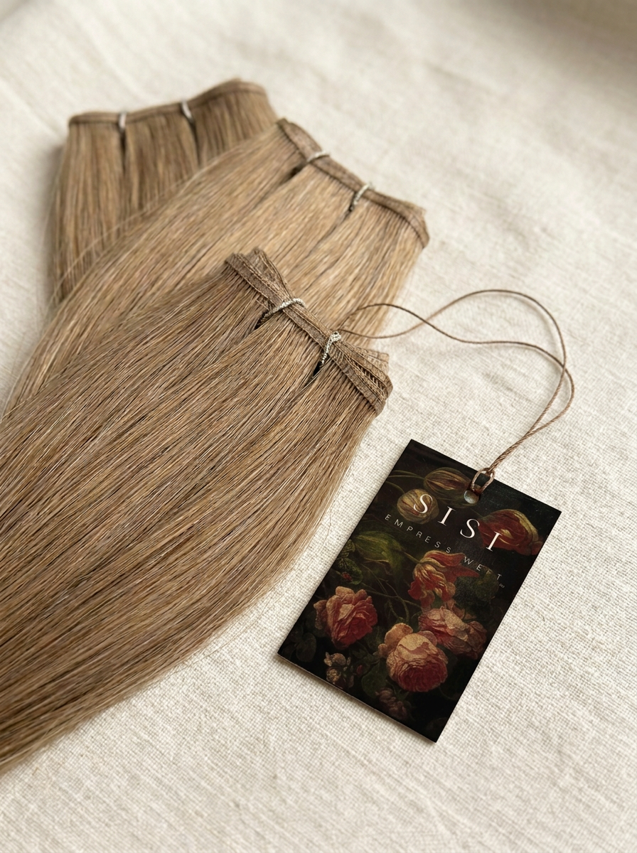 Flat-lay studio photograph of a SISI Empress Weft in Amber — long, dimensional honey-bronde genius weft with a SISI hang tag on a brown string